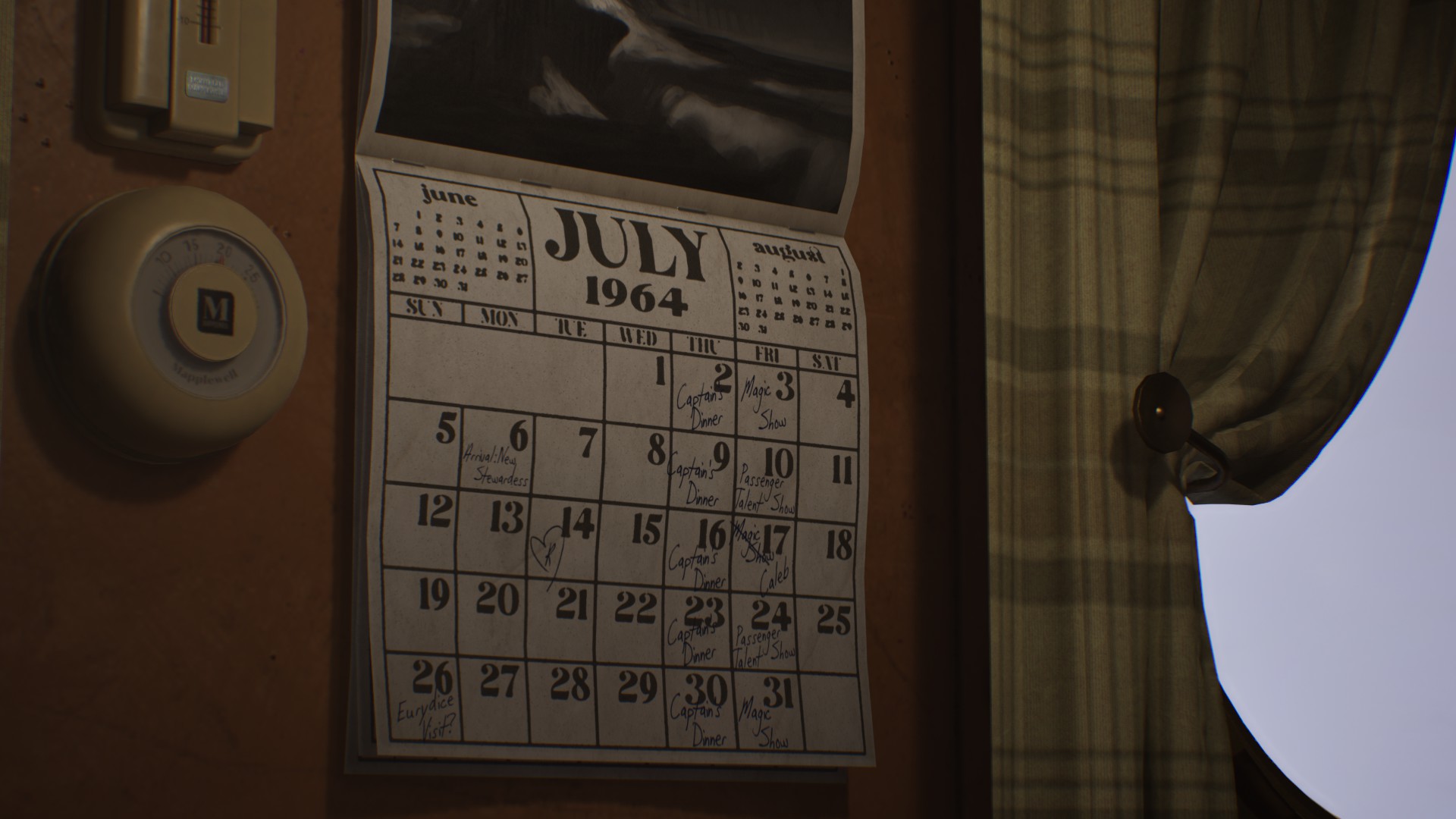 Un calendario di luglio 1964 con appunti a mano, in una scena di Lost & Found: A This Bed We Made Story.