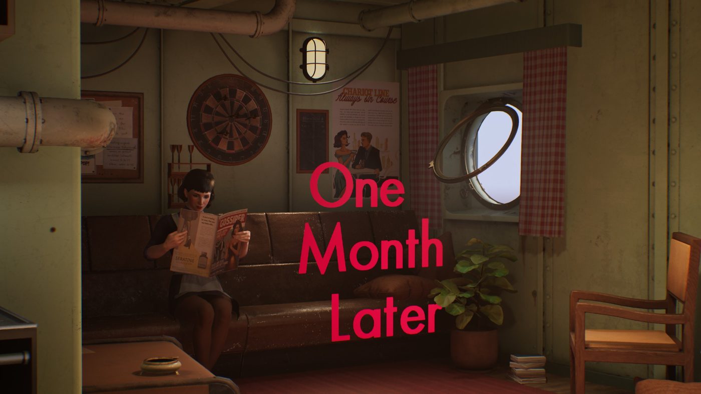 Sophie Roy legge un giornale in una cabina dell'Orpheus con la scritta "One Month Later" in Lost & Found.