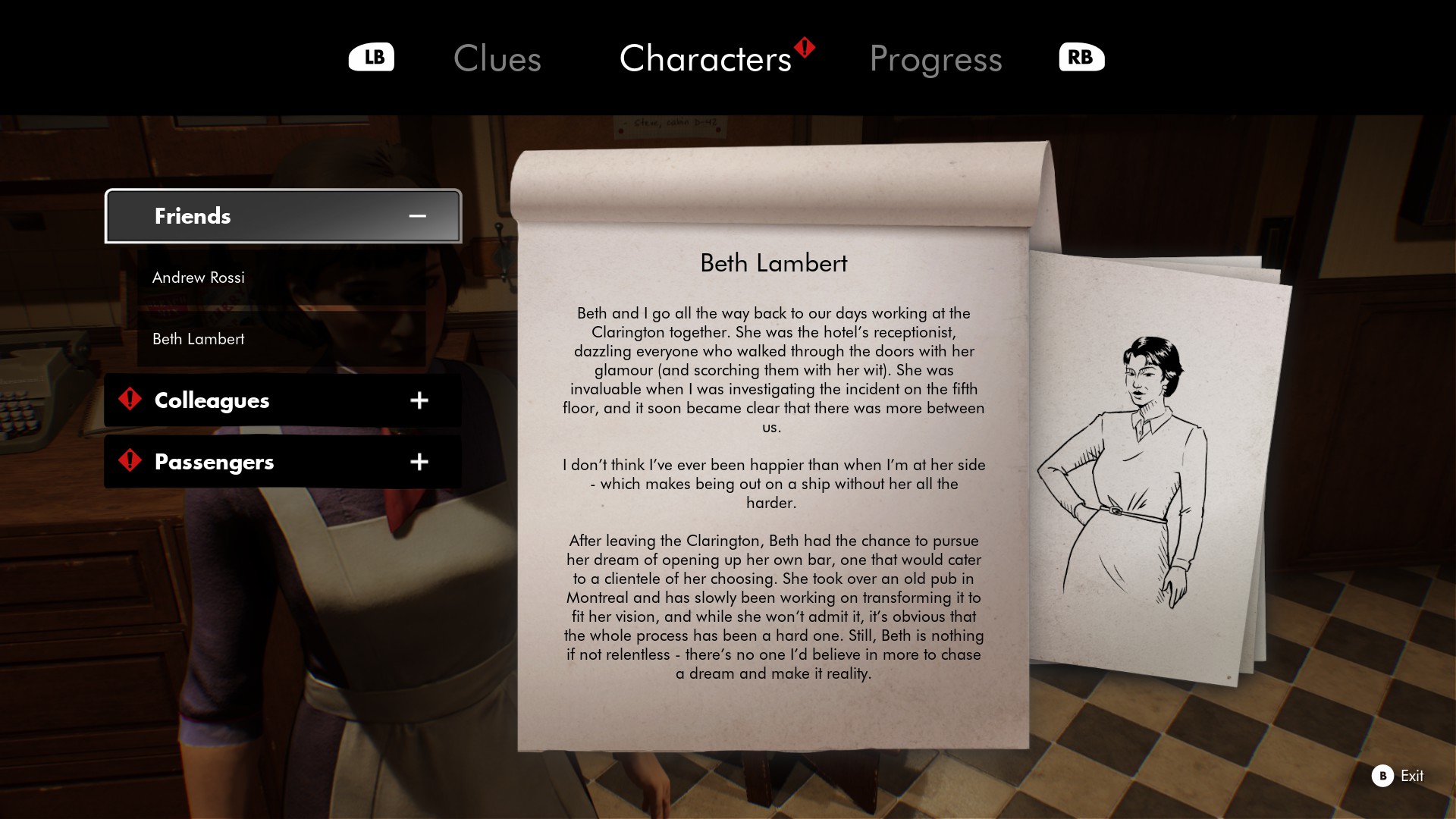 La scheda personaggio di Beth Lambert nel menu Characters di Lost & Found: A This Bed We Made Story.