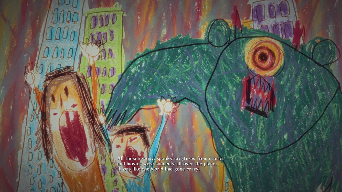 Disegno a pastello di mostri che invadono una città nella cutscene d'apertura della demo di Stupid Never Dies.