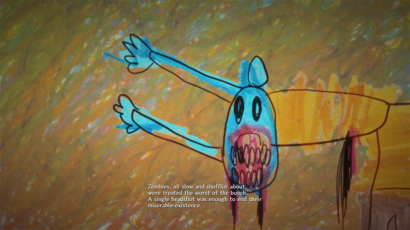 Disegno a pastello di un mostro dal prologo di Stupid Never Ends con la scritta sugli zombie trattati peggio di tutti.