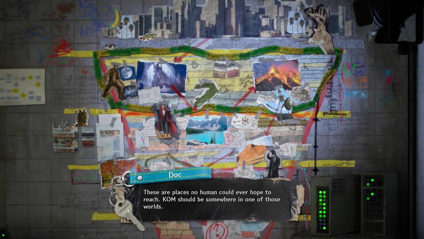 Doc spiega a Davy, davanti a una mappa di cartelli e foto nel Mall di Stupid Never Dies, dove nasconde KOM.