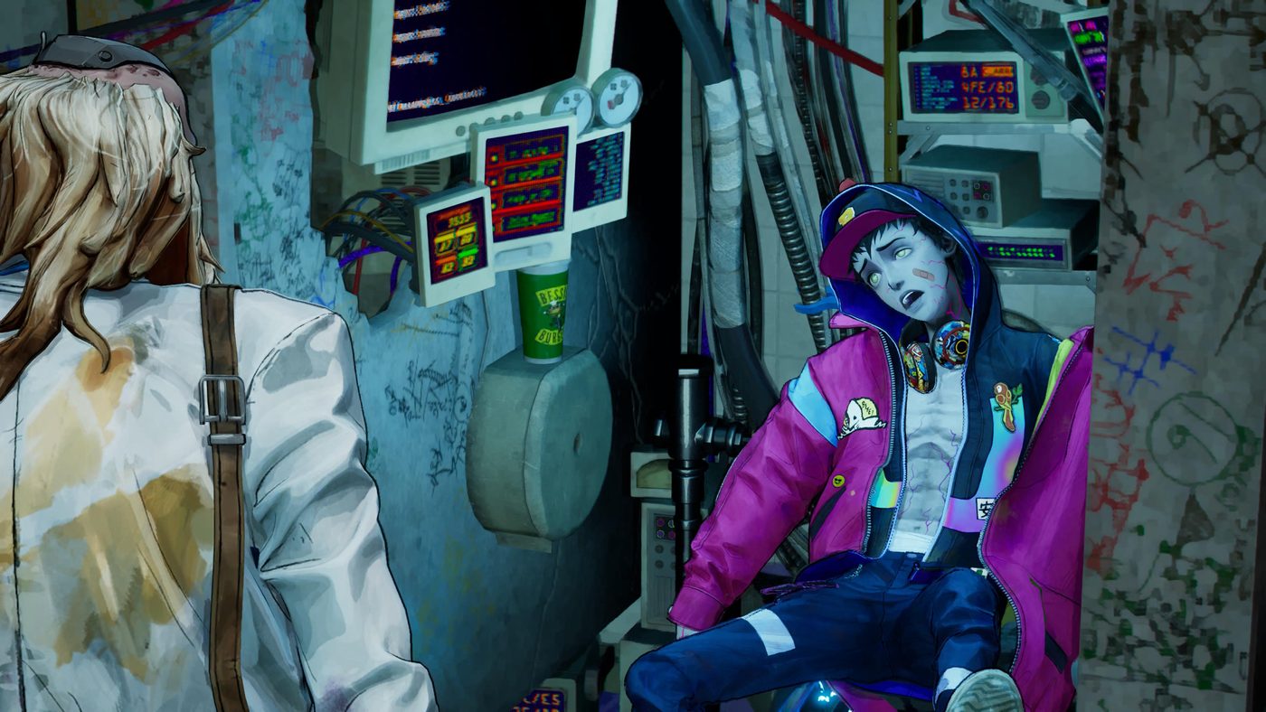 Lo zombie Davy in una scena di Stupid Never Dies di GPTRACK50, davanti a Doc in un laboratorio affollato di monitor.