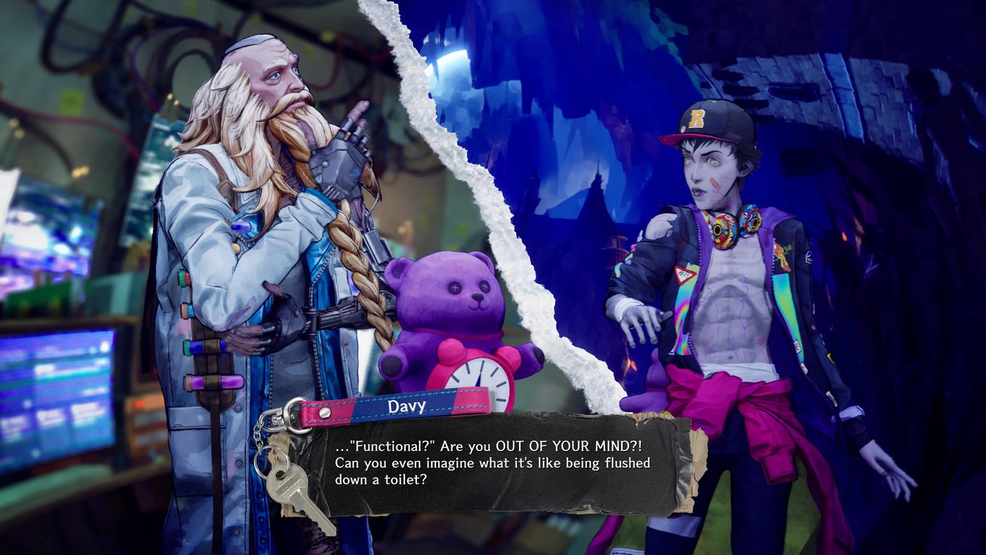 Davy e Doc in Stupid Never Dies: lo zombie esulta per la discesa nel dungeon attraverso lo scarico del bagno.