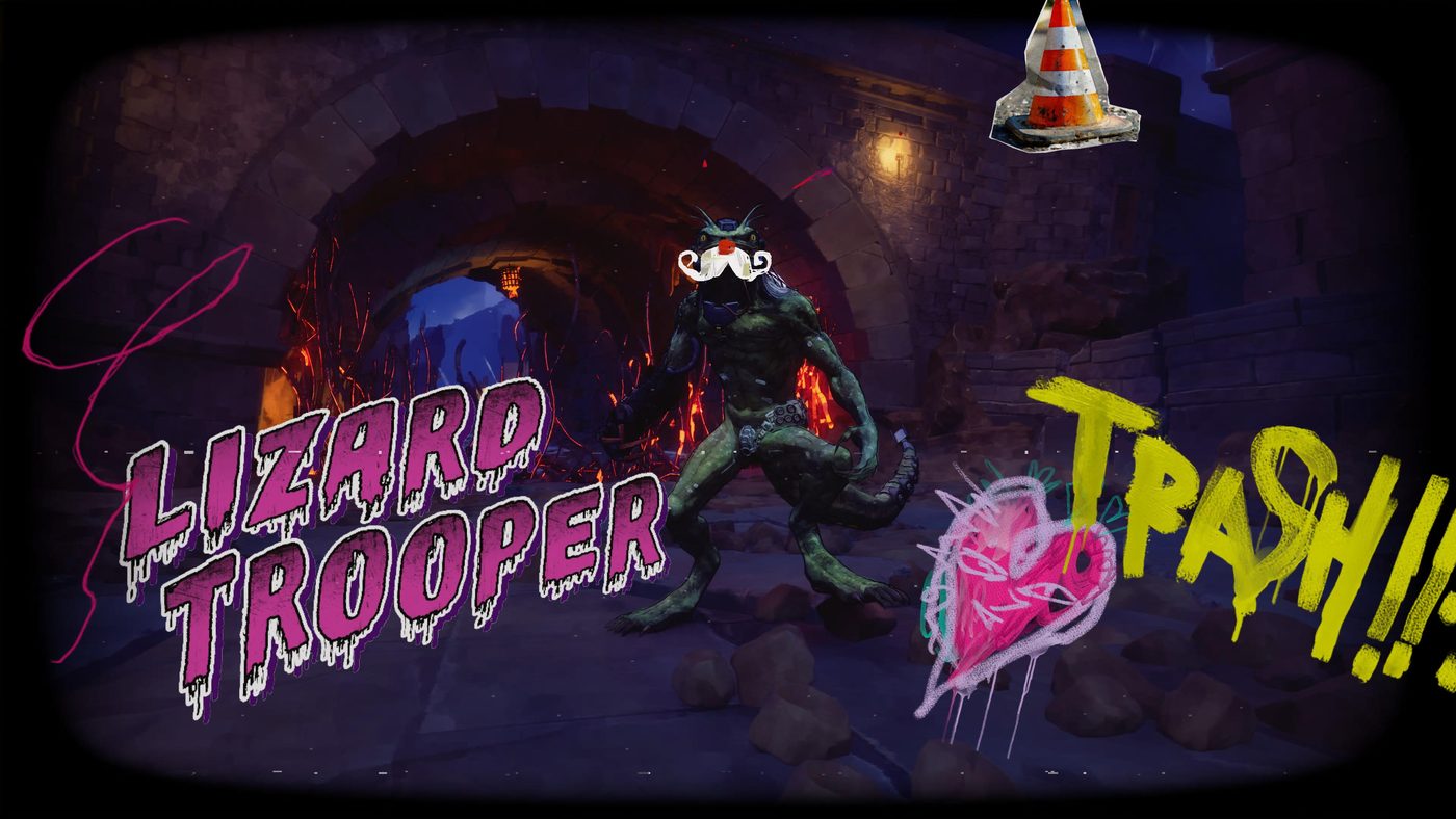 Un mostro lucertola etichettato "Lizard Trooper, Trash!!" in un dungeon di Stupid Never Dies.