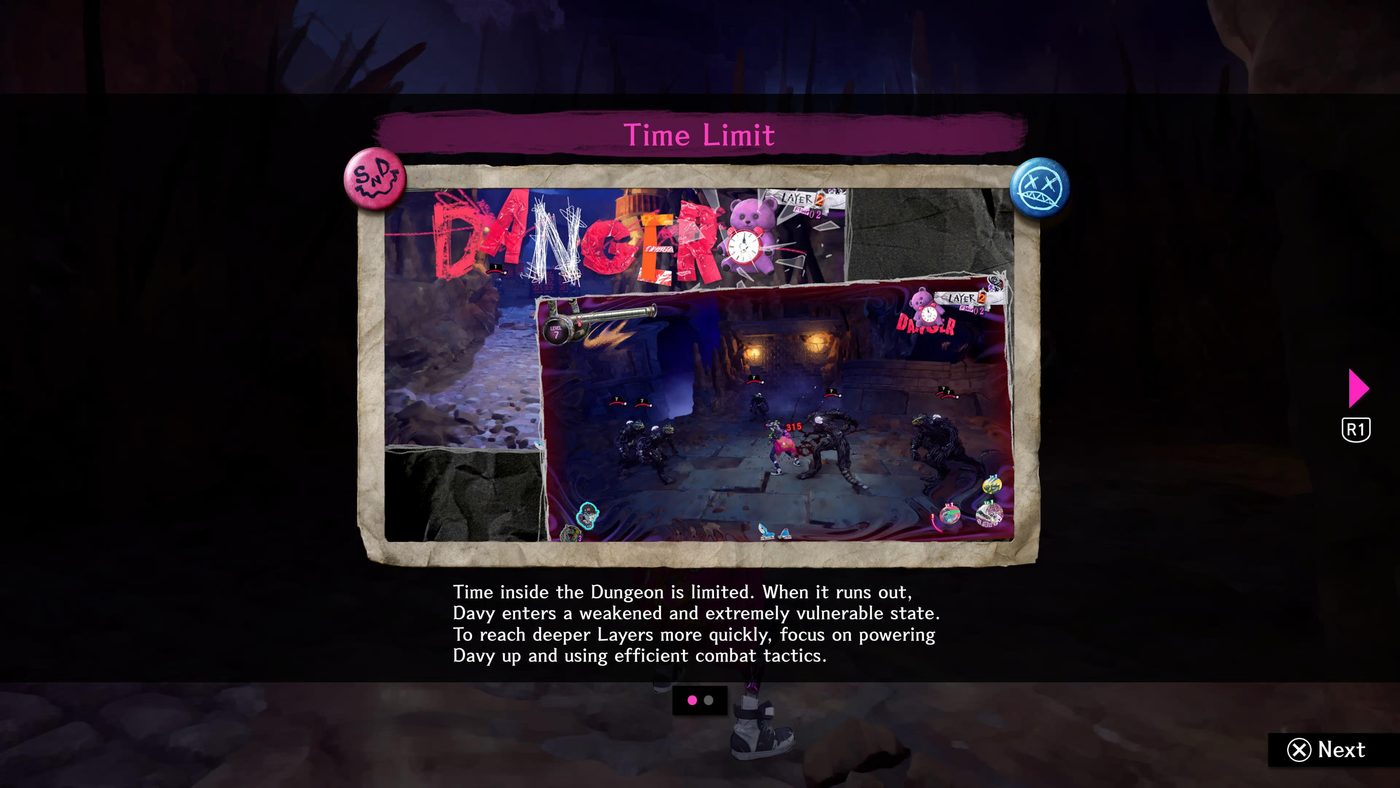 Schermata del tutorial Time Limit di Stupid Never Dies: Davy affronta i mostri del dungeon entro il tempo limite.