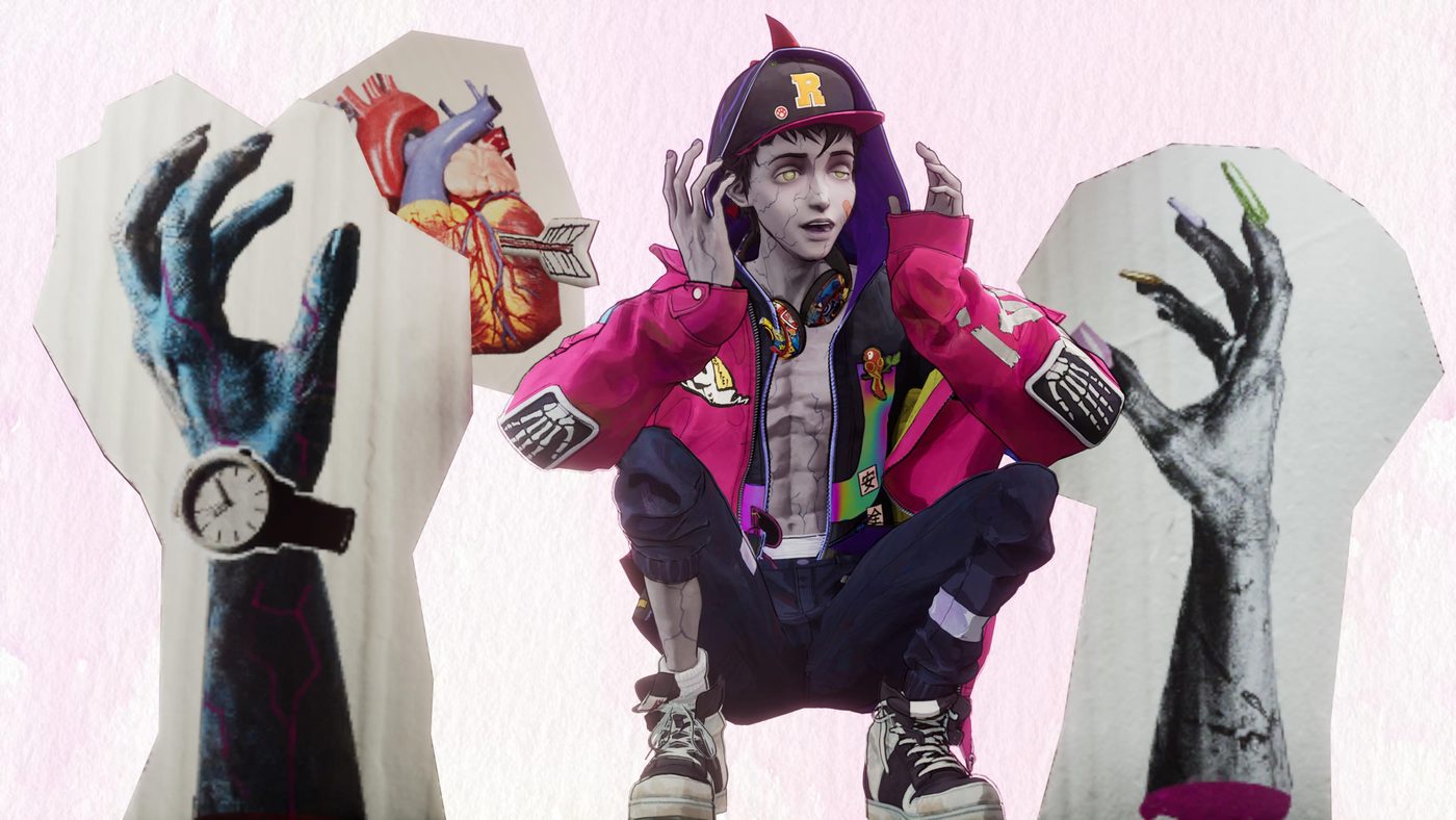 Illustrazione di Davy, lo zombie protagonista di Stupid Never Dies, accovacciato tra disegni di mani e un cuore trafitto.