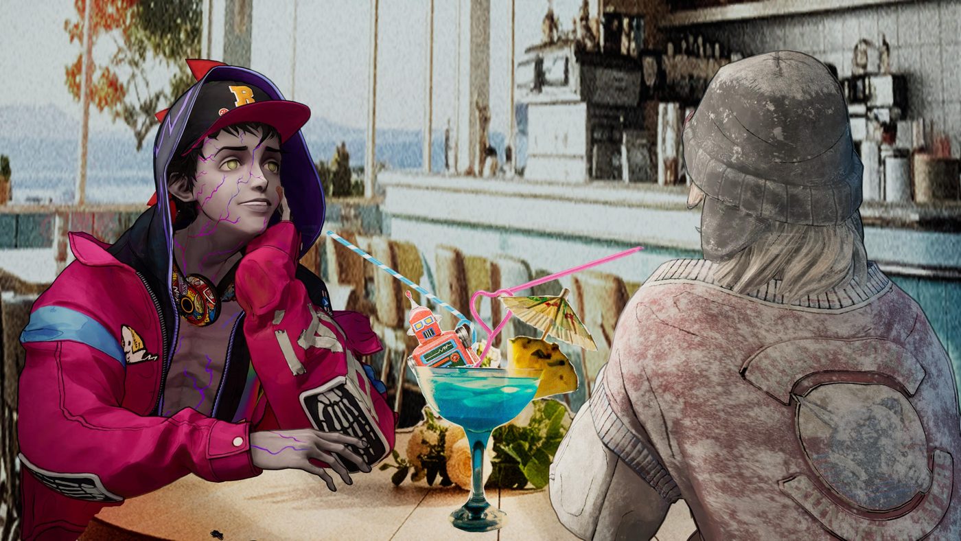 Davy, lo zombie protagonista di Stupid Never Dies, siede a un tavolo davanti a un cocktail davanti a Julia congelata.