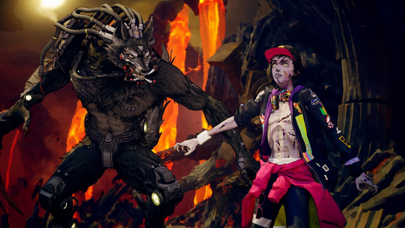 Lo zombie Davy affronta un lupo mostruoso con innesti meccanici in un dungeon vulcanico di Stupid Never Dies.