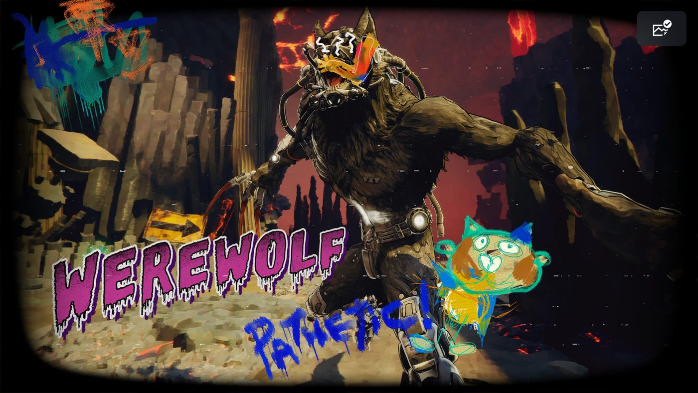 Un nemico werewolf in Stupid Never Dies di GPTRACK50, con la scritta "Pathetic!" e un disegno a pastello sovrapposto.