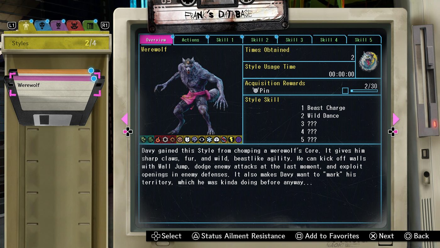 Il Database di Frank in Stupid Never Dies mostra la schermata dello Style Werewolf con statistiche e abilità.