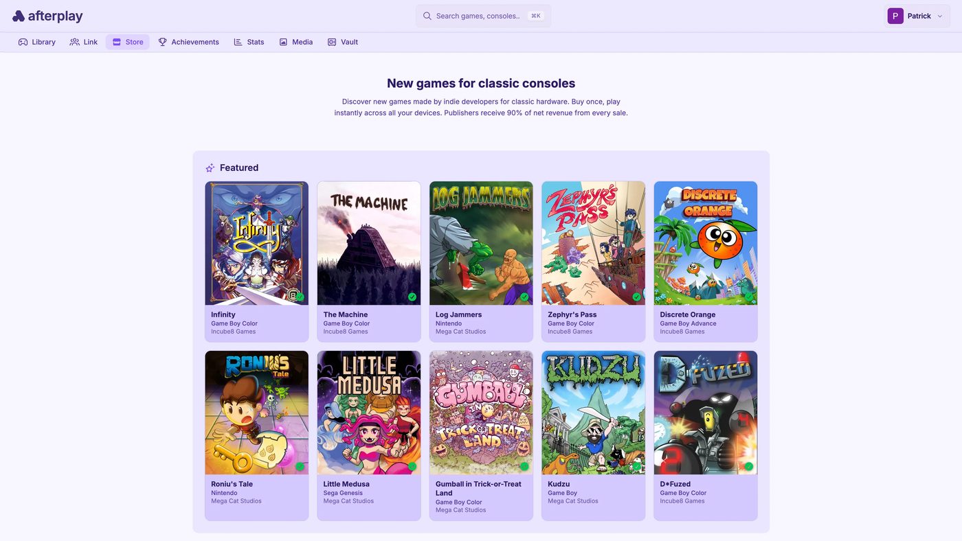 Lo store di Afterplay con la sezione "New games for classic consoles" e i titoli in evidenza per Game Boy e Sega Genesis.