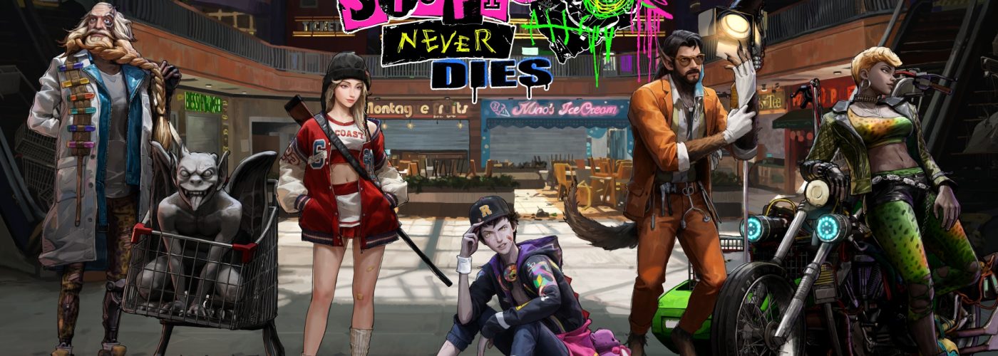 Key art di Stupid Never Dies di GPTRACK50 con il logo al centro e i personaggi del gioco nel Mall, tra cui Davy, Julia e Doc.