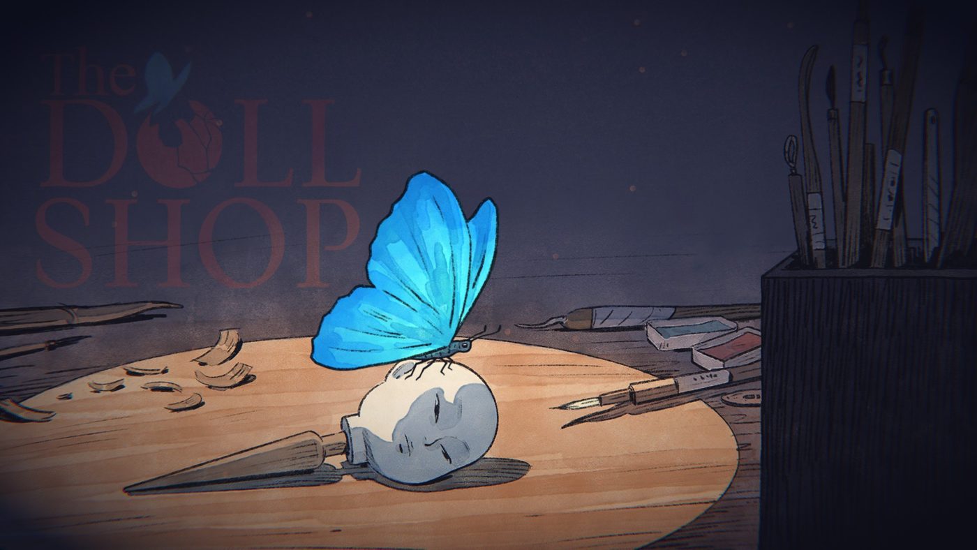Una farfalla blu posata sulla testa di una bambola, con pennelli e acquerelli: l'illustrazione del logo di The Doll Shop.