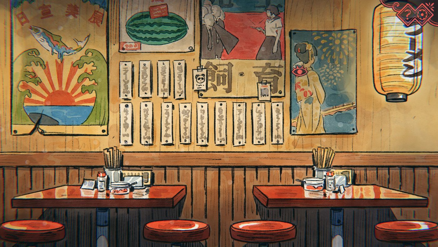 Il muro del ristorante di ramen di The Doll Shop, tappezzato di manifesti d'epoca, con tavolini di legno e sgabelli rossi.