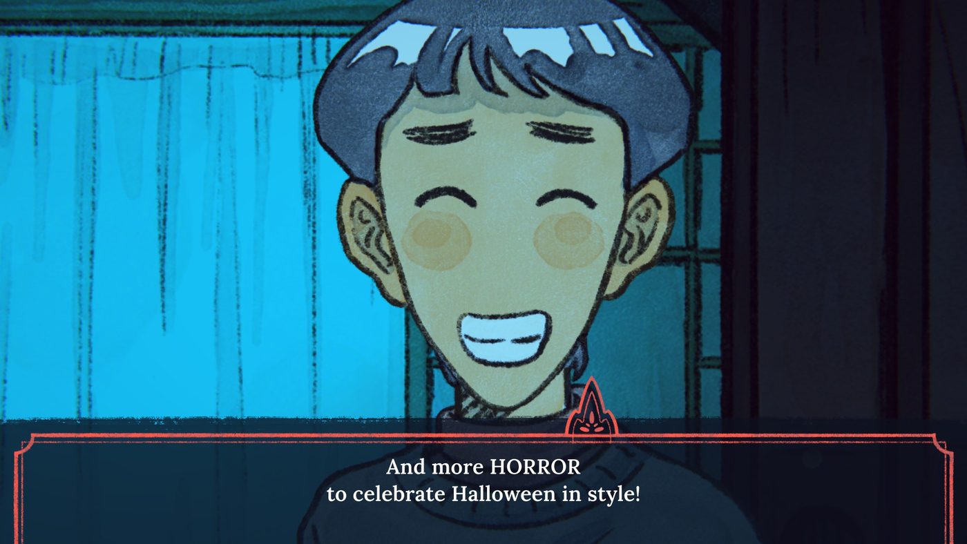 Olivier di Atelier Sentô sorridente in una scena della demo di The Doll Shop, con la battuta "And more HORROR to celebrate Halloween in style!