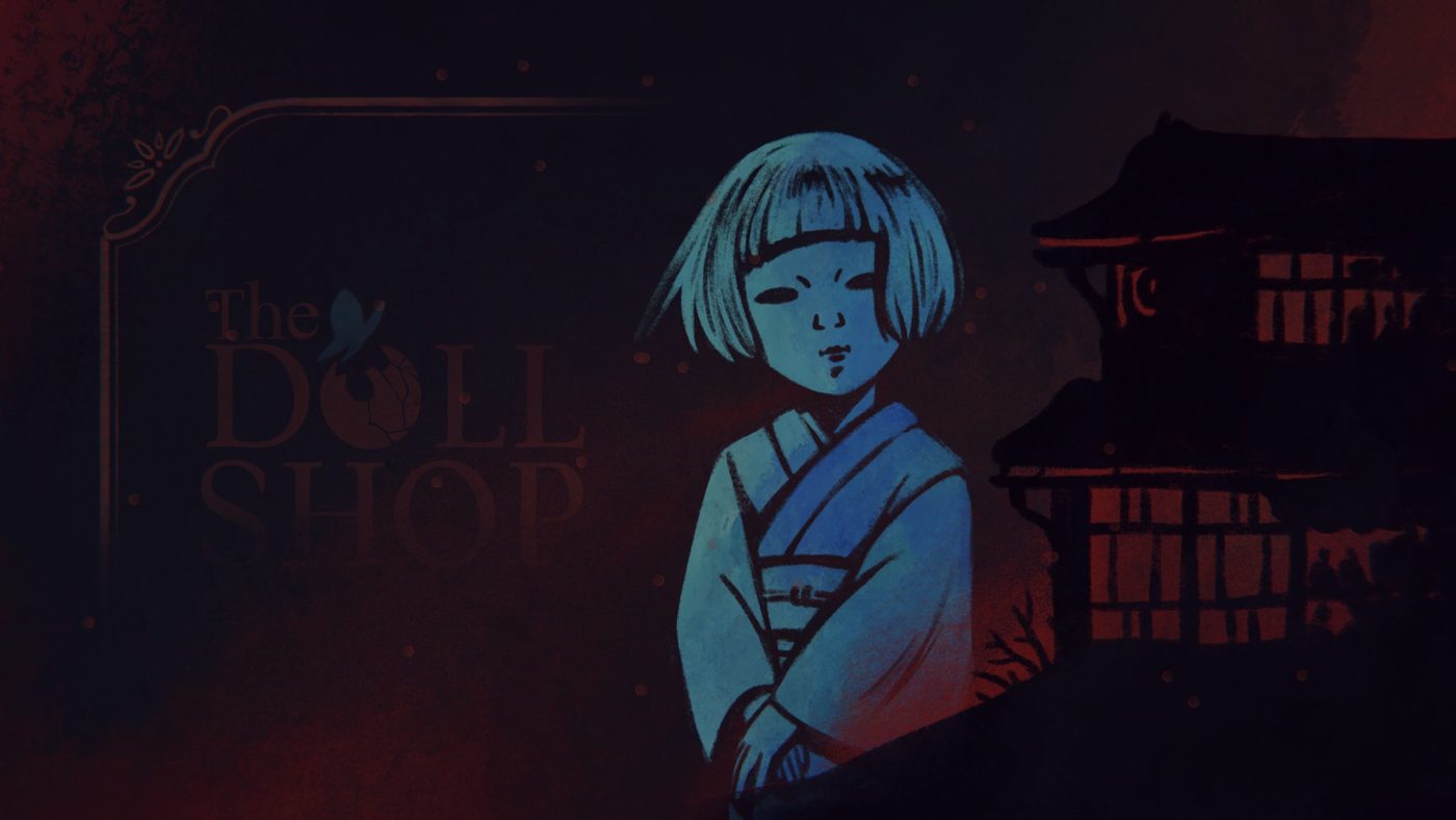 Bambola dal caschetto nero con volto blu accanto al logo di The Doll Shop su sfondo rosso scuro.