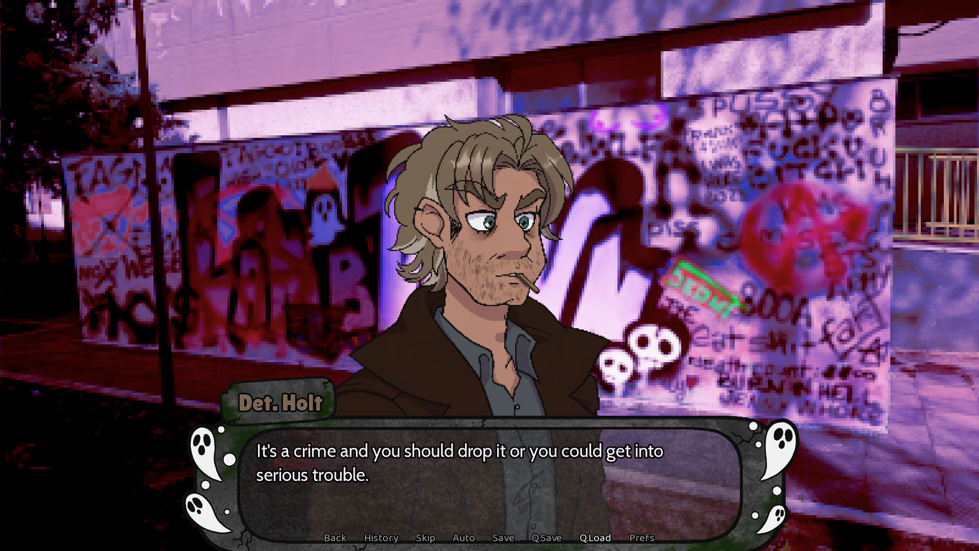 La demo di LambDawn mostra il Detective Holt davanti a un muro di graffiti con il messaggio "It's a crime and you should drop it".