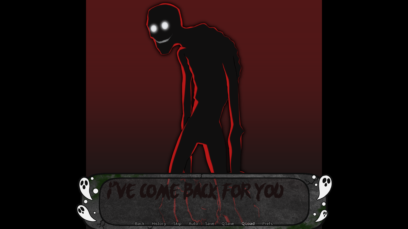 Una silhouette mostruosa dal sorriso luminoso in una schermata della demo di LambDawn con la scritta "I've come back for you".