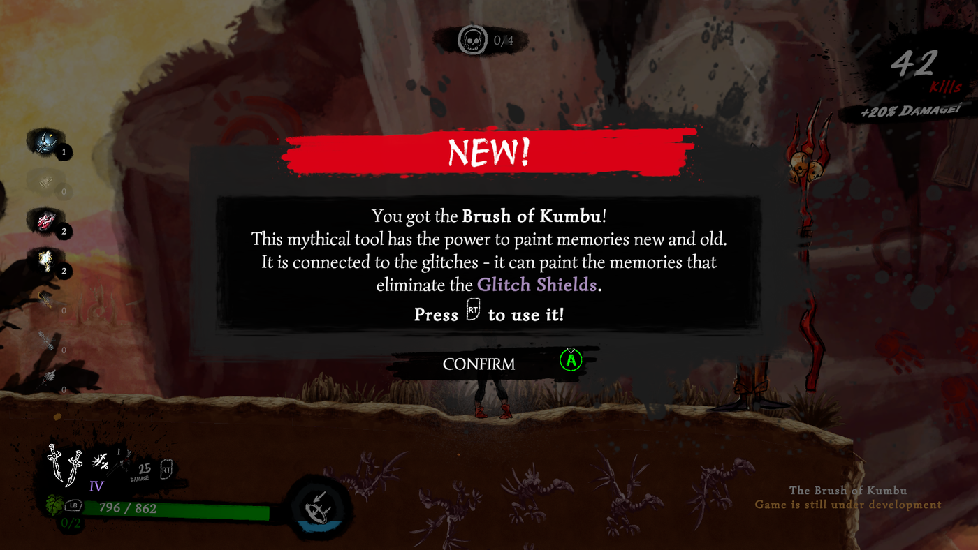 Schermata della demo di Talaka con il messaggio di ottenimento del Brush of Kumbu, l'arma che rimuove i Glitch Shield.