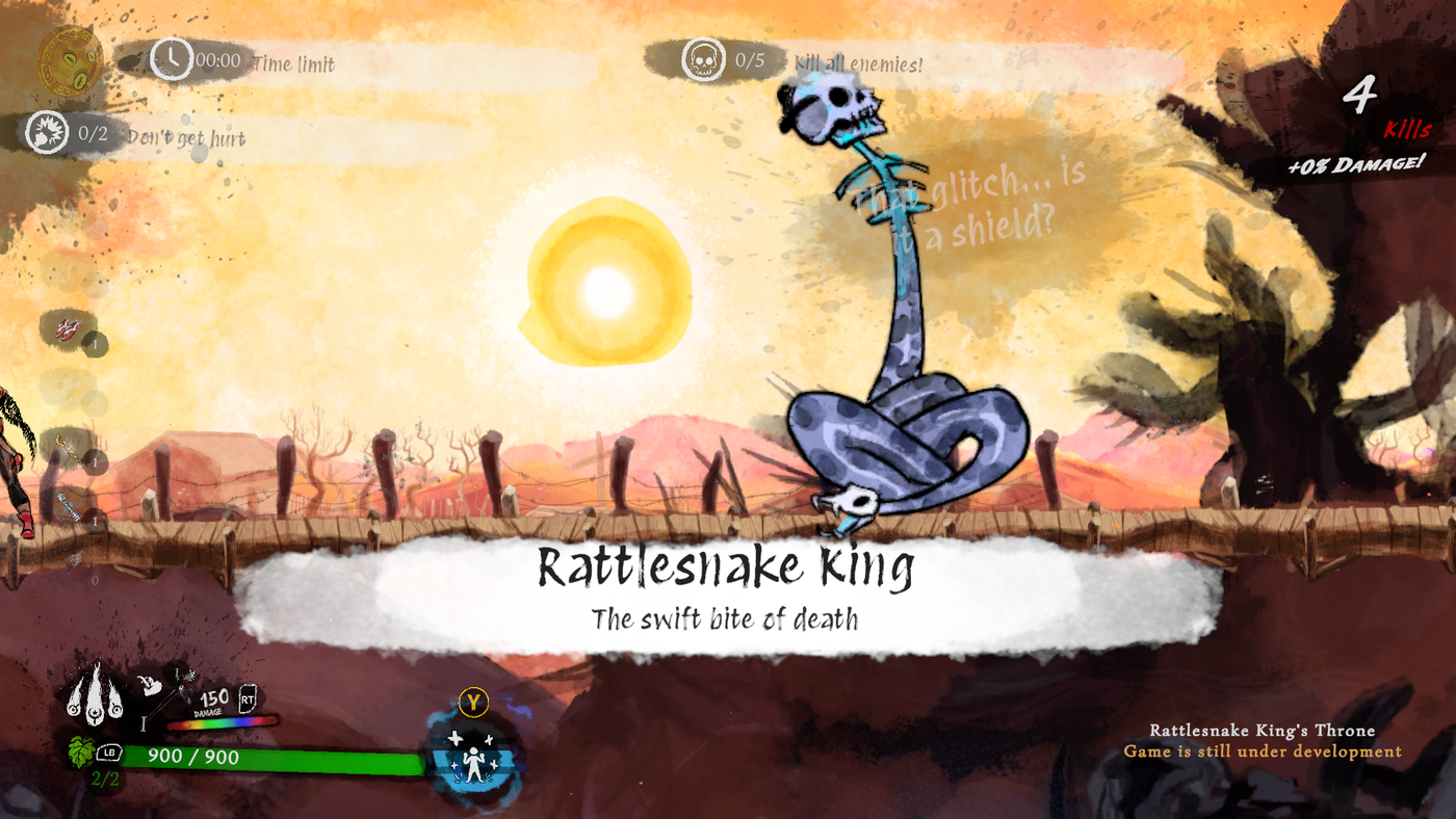 Scena di combattimento di Talaka contro il boss Rattlesnake King, con grafica in stile pittorico e interfaccia di gioco.