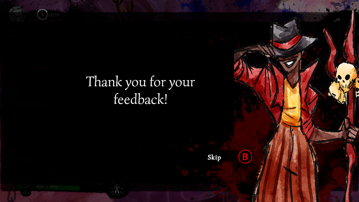 Schermata di Talaka con il messaggio "Thank you for your feedback!" accanto a Eshu, figura con cappello e bastone con teschi.