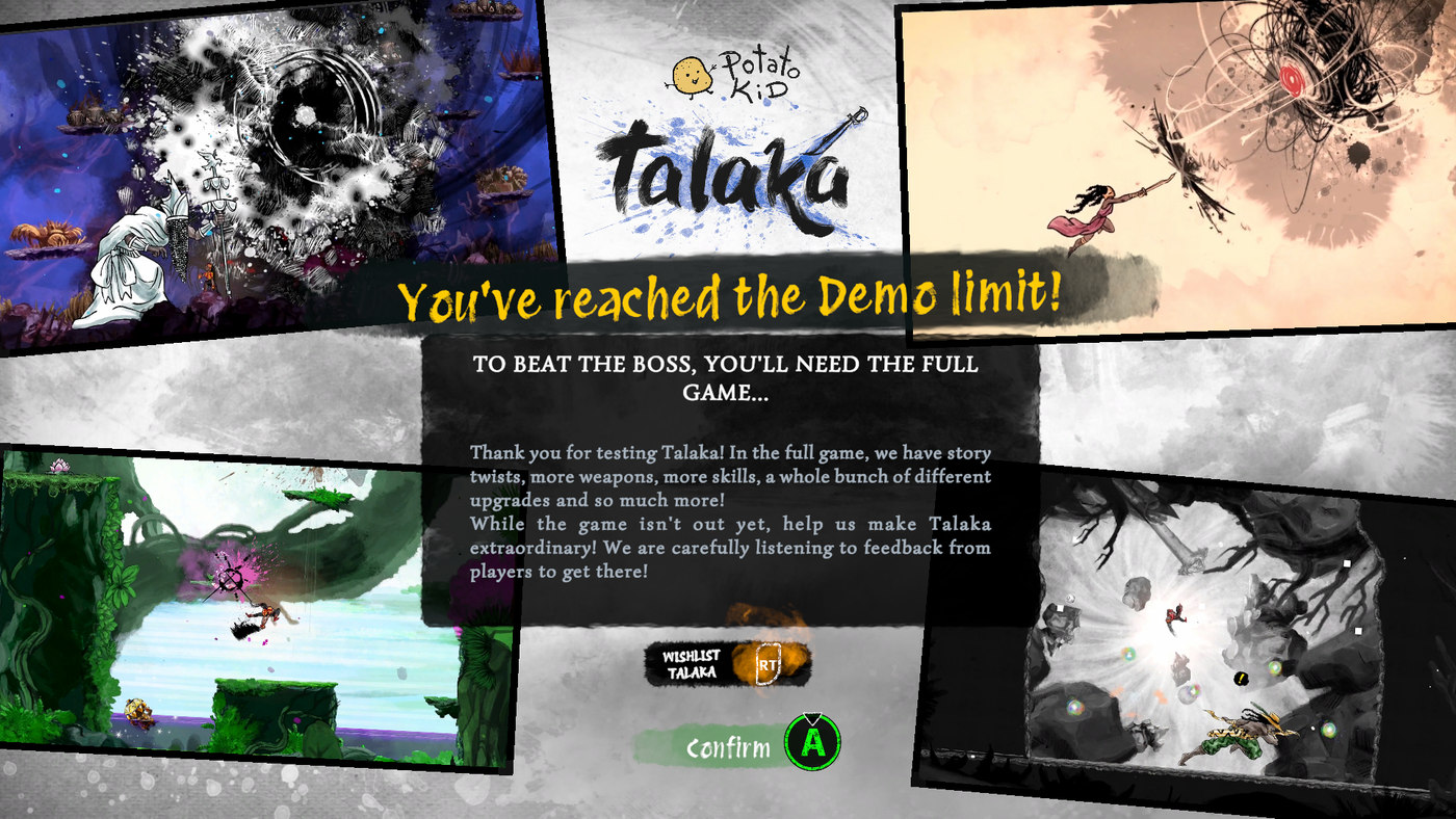 Schermata della demo di Talaka con il messaggio che invita a provare il gioco completo di Potato Kid.
