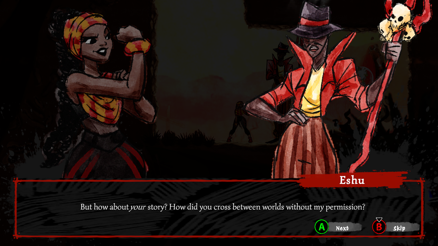 Dialogo di Talaka tra la protagonista e Eshu, il narratore, in uno stile pittorico ispirato al folklore brasiliano.