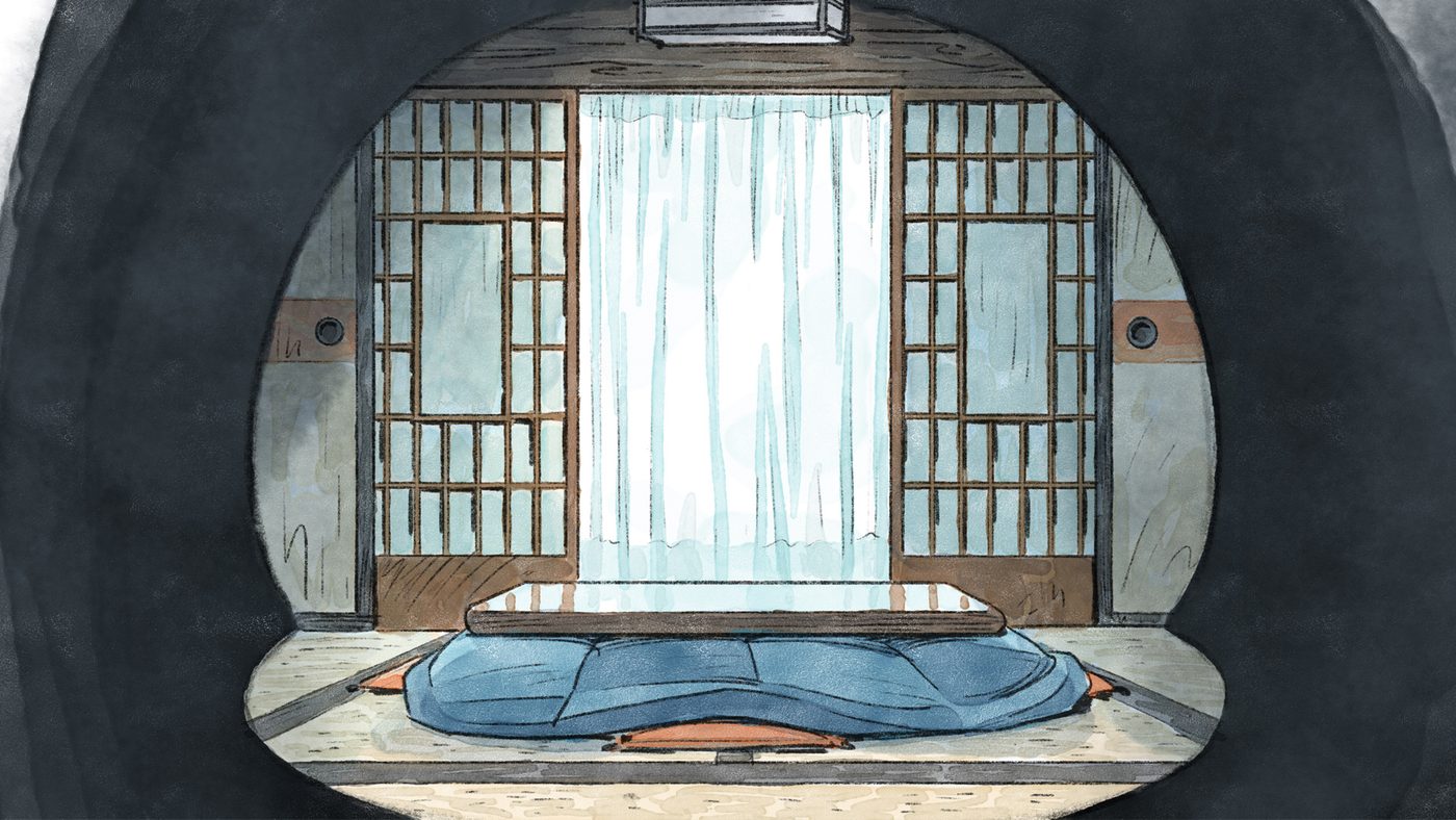 Scena disegnata a mano da The Doll Shop: un kotatsu davanti a porte scorrevoli, visto attraverso un'apertura scura.