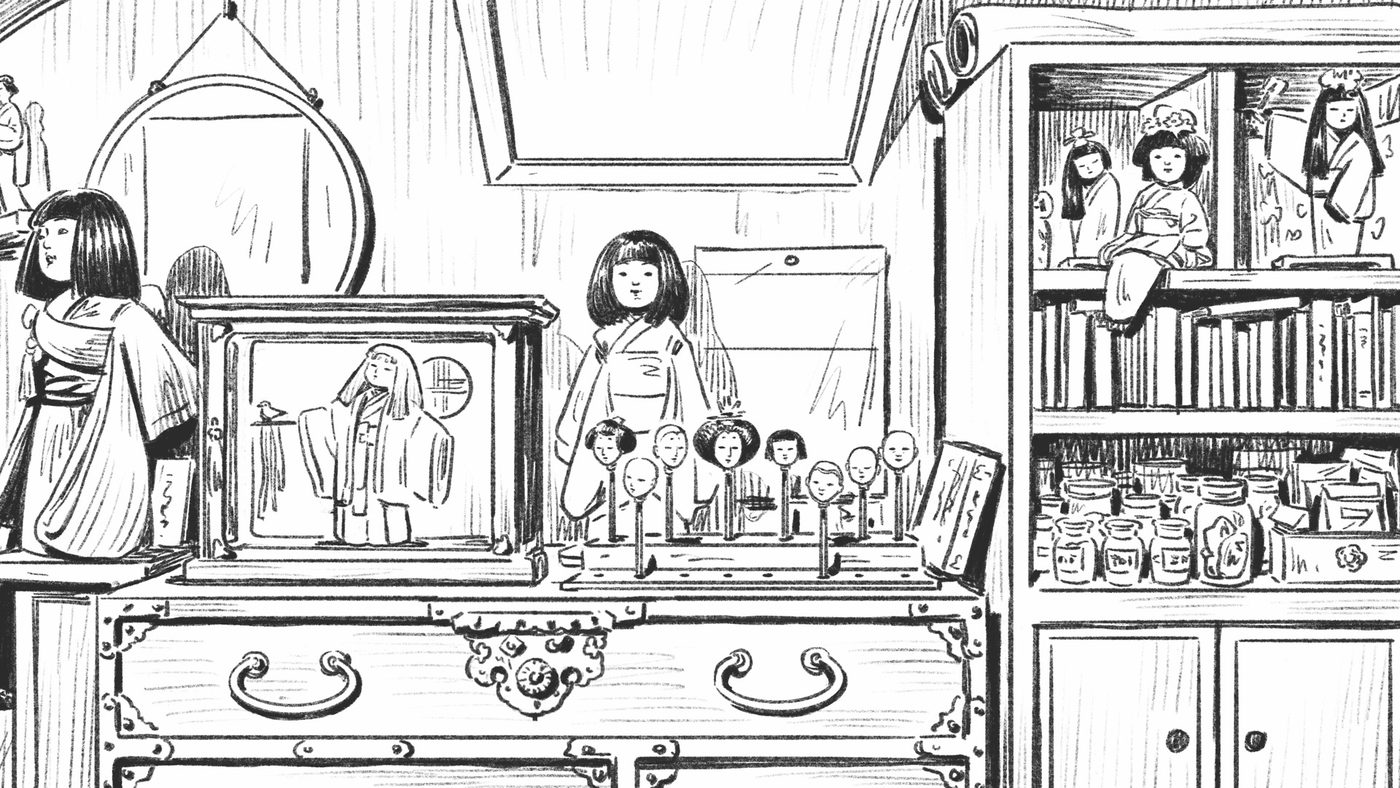 Disegno a inchiostro della bottega di The Doll Shop: bambole in kimono, teste su sostegni di legno e barattoli di pigmenti.