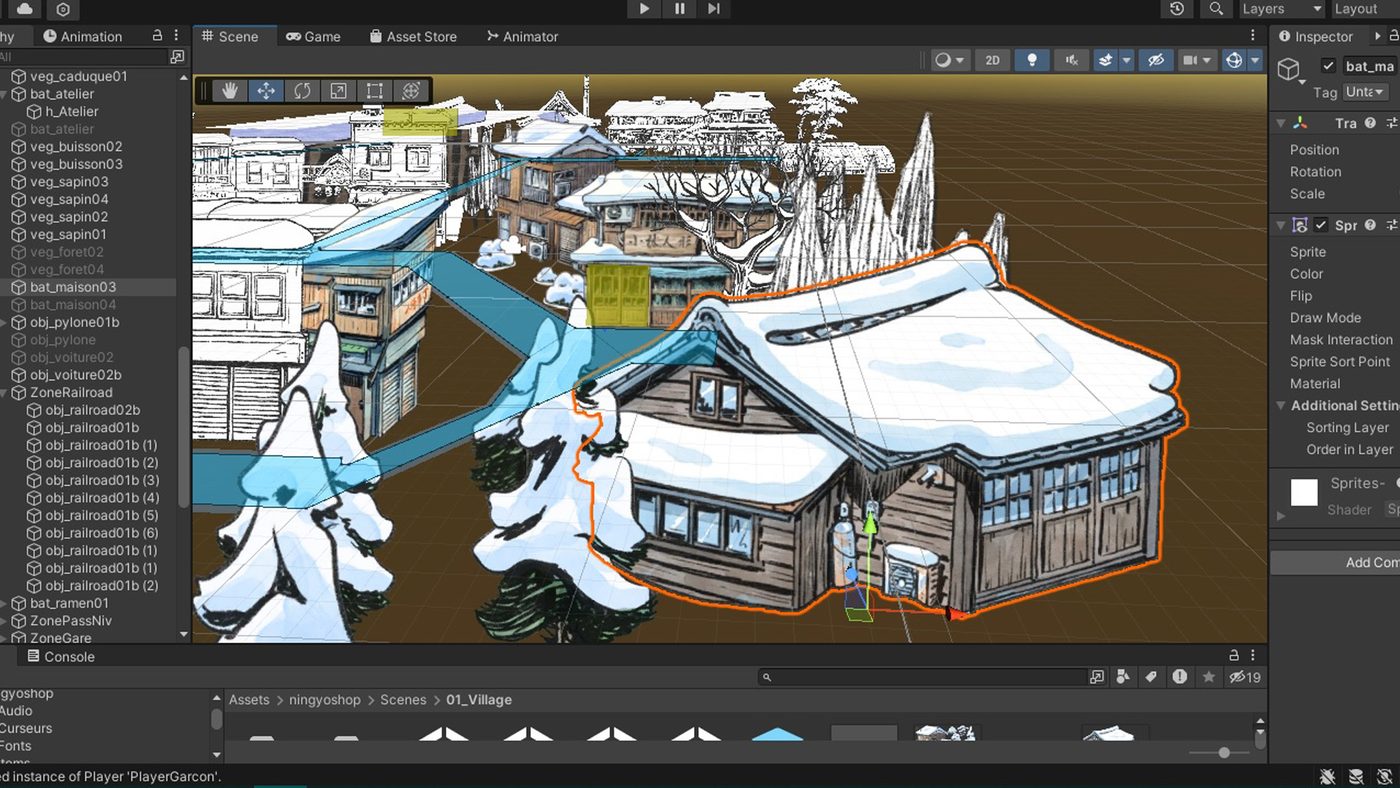 Il villaggio innevato di The Doll Shop disegnato a mano, visibile nell'editor Unity durante lo sviluppo del gioco di Atelier Sentô.