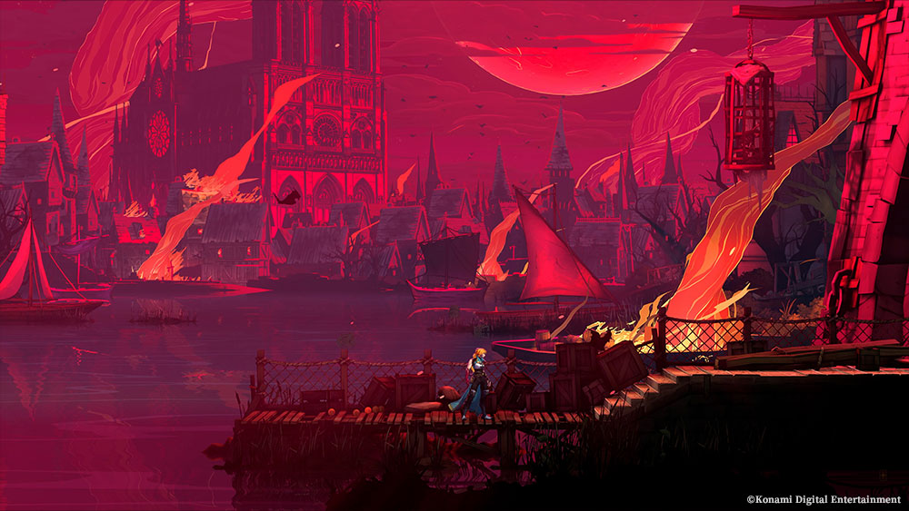 Rose Belmont su un molo della Senna in una Parigi rossa e devastata dai demoni in Castlevania: Belmont's Curse.