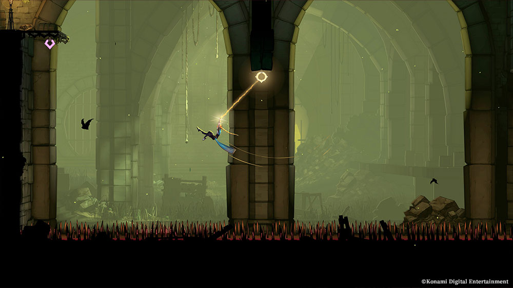 Rose Belmont si appende con la frusta a un gancio luminoso tra le rovine di Parigi in Castlevania: Belmont's Curse.