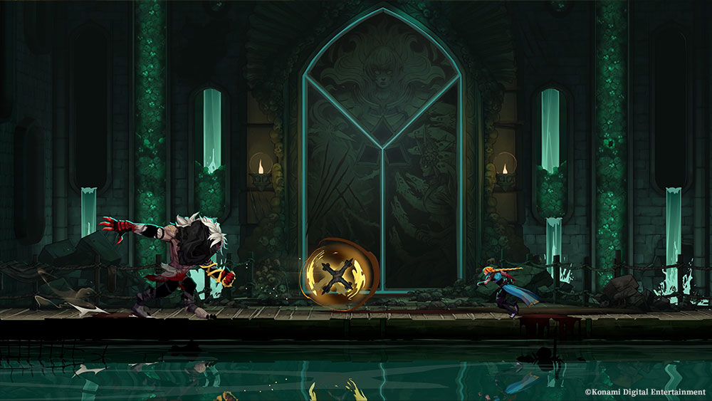 Rose Belmont affronta un mostro in una scena di gioco di Castlevania: Belmont's Curse, davanti a un grande portale gotico