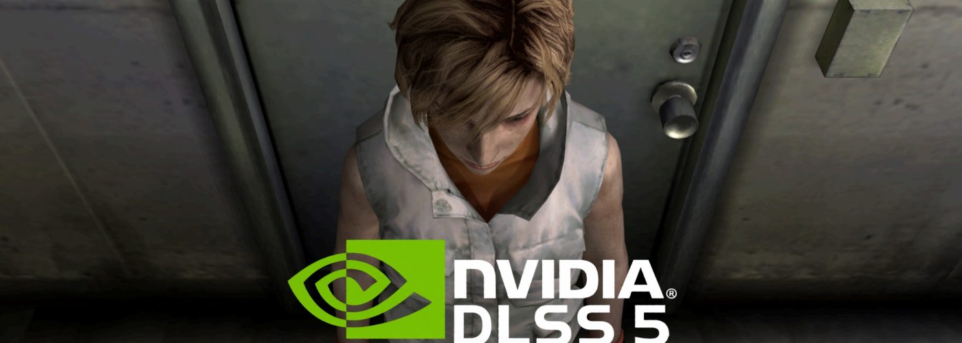 Heather nel bagno di Silent Hill 3 su PCSX2 con ReShade e DLSS 5, con il logo NVIDIA DLSS 5 in primo piano.