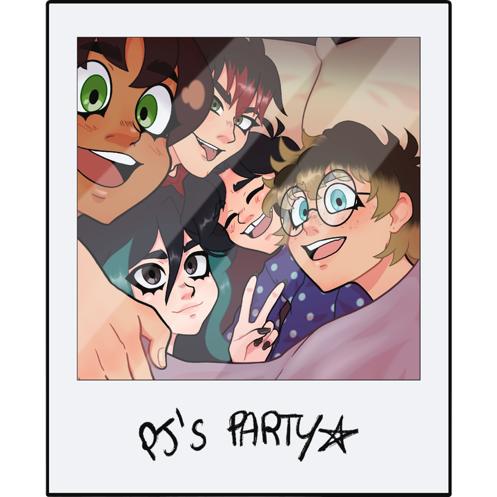 Illustrazione in stile polaroid dei personaggi di LambDawn riuniti per un selfie con la scritta "PJ's Party".