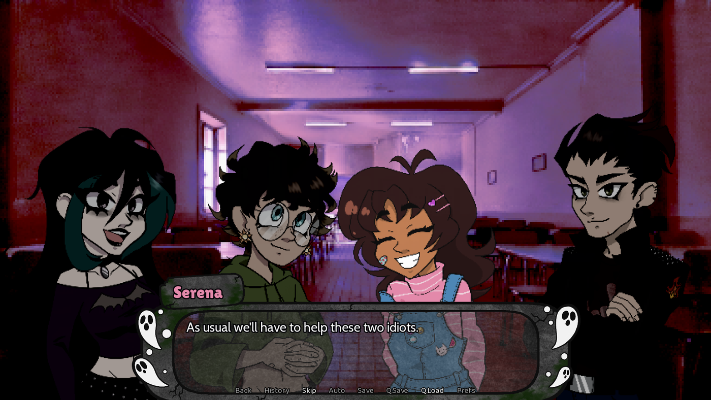 Scena dalla demo di LambDawn: quattro adolescenti in stile cartoon conversano in una mensa scolastica inquietante.