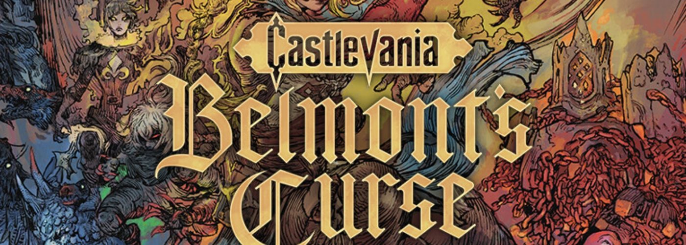 Key art di Castlevania: Belmont's Curse con il logo del titolo circondato da mostri e demoni.