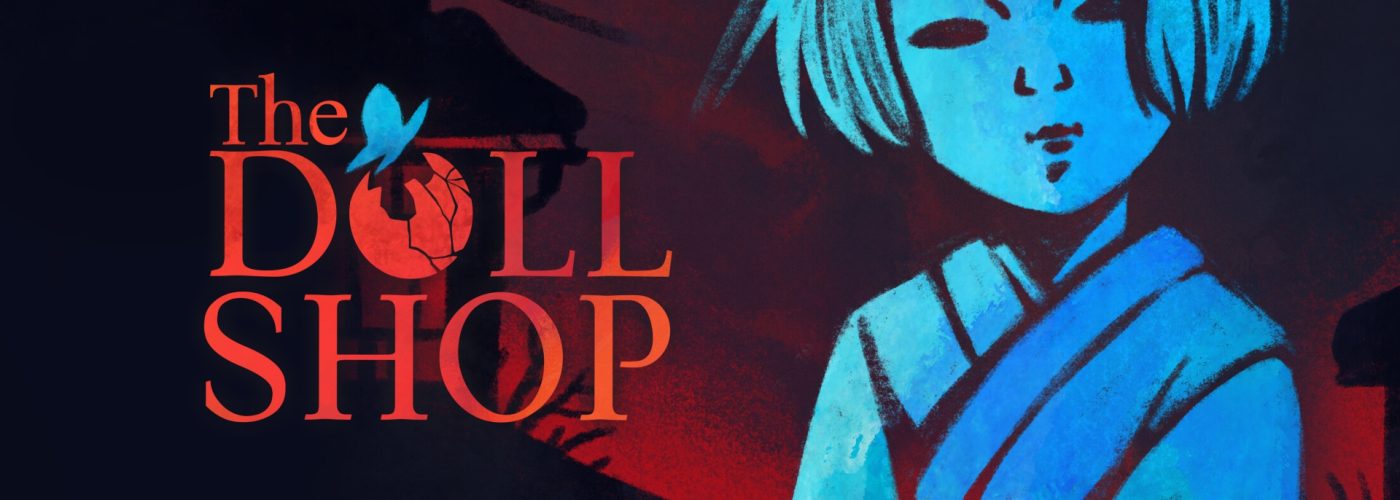Arte chiave di The Doll Shop: il logo con la farfalla e una bambola dal caschetto nero con il volto virato in blu.