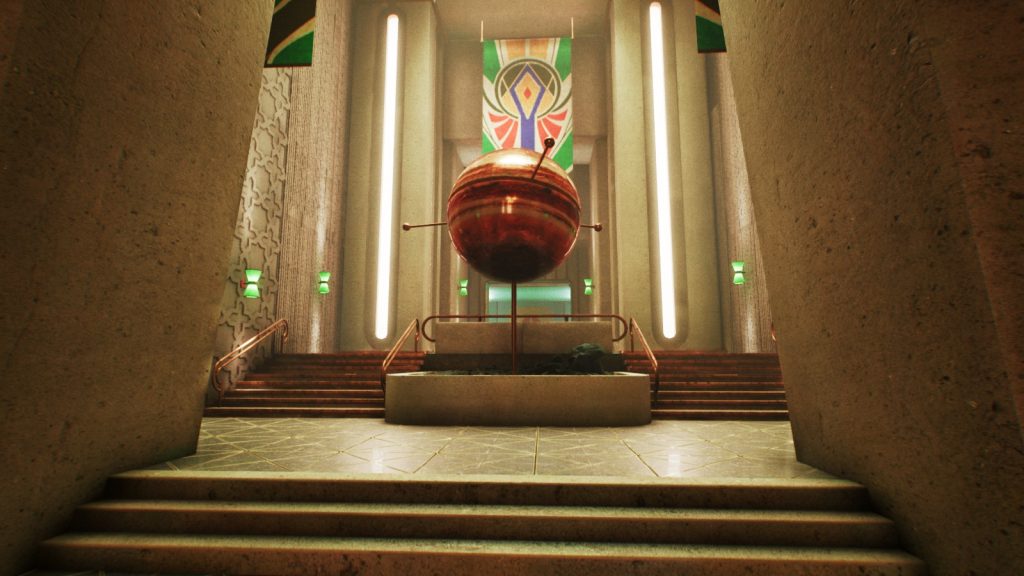 Il grande salone che ospita Giove e i suoi satelliti in una riproduzione in rame