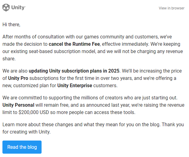 Unity cancella la Runtime Fee