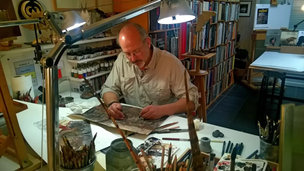 Benoît Sokal at work on sketches