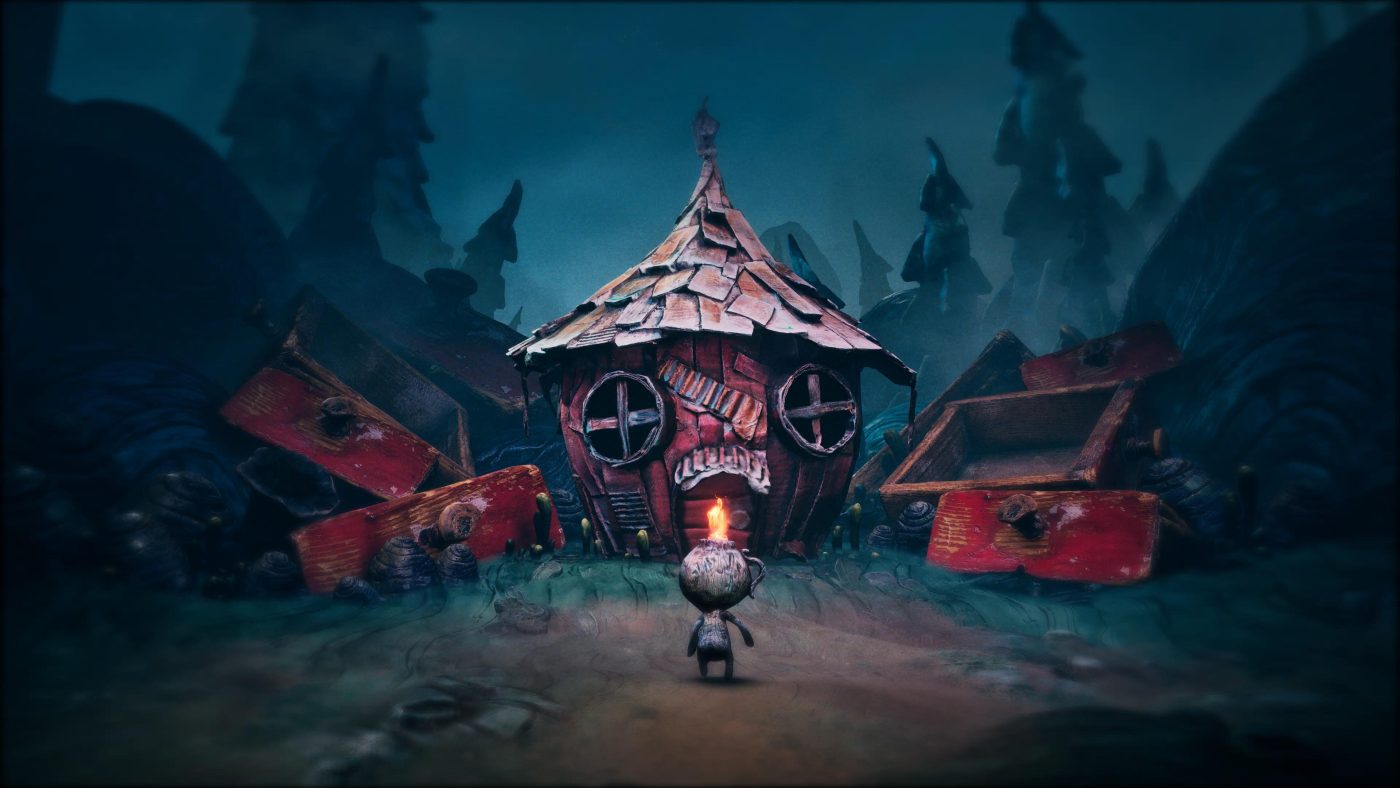 The Burnt One and Potboy approach Housy, the walking house, in The Midnight Walk's stop-motion world.