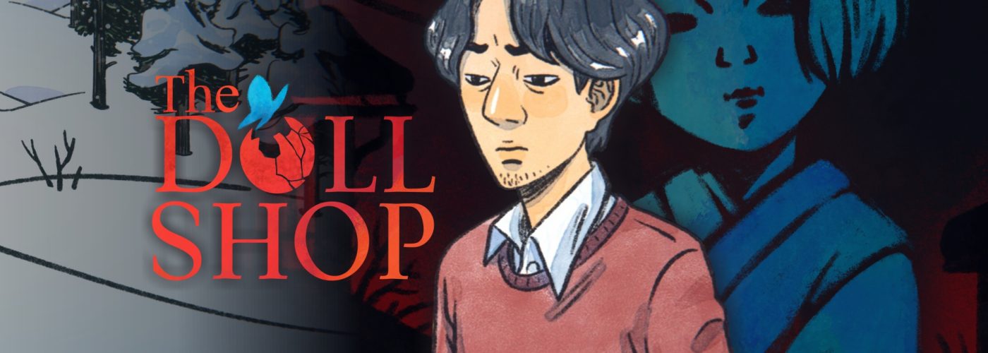 The Doll Shop key art showing the doll maker beside a blue-faced doll in his snowy village.